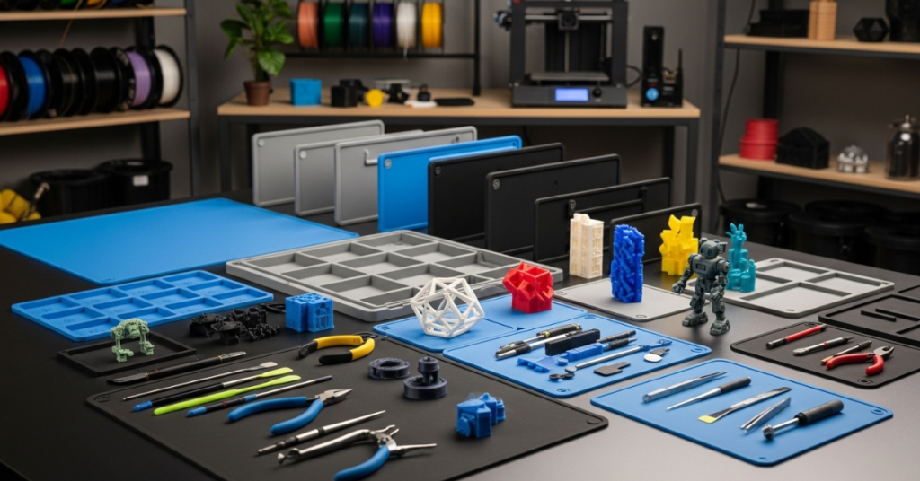 variety of silicone mats arranged in a 3D printing workspace with tools, printed models, and organized maker setup