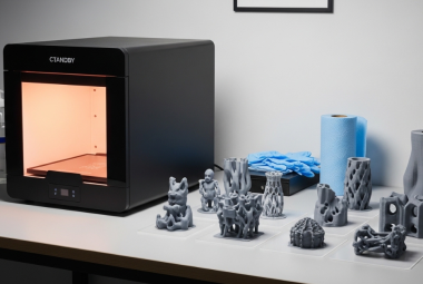 UV resin curing light machine on a workbench with multiple finished resin 3D prints arranged beside it, illustrating post-processing and final curing results.