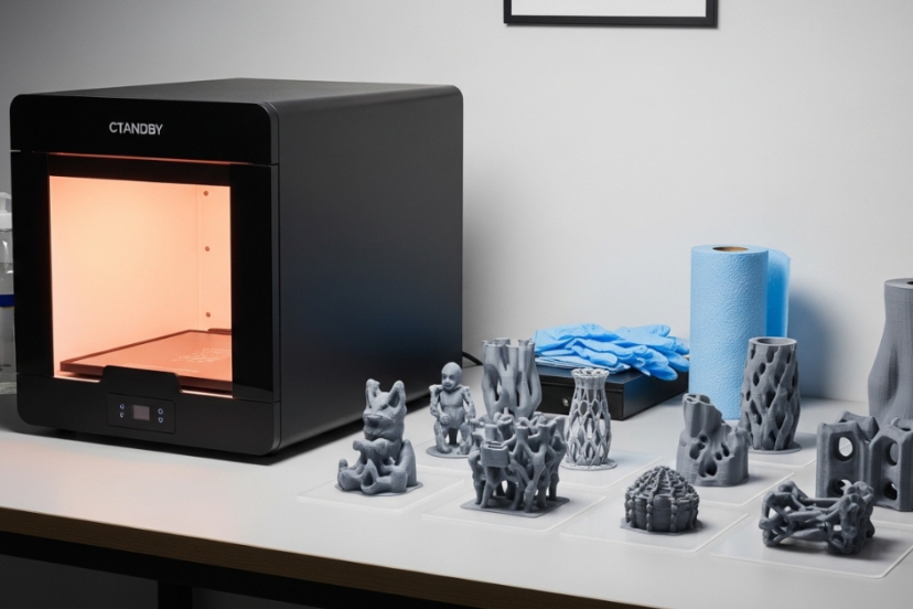 UV resin curing light machine on a workbench with multiple finished resin 3D prints arranged beside it, illustrating post-processing and final curing results.