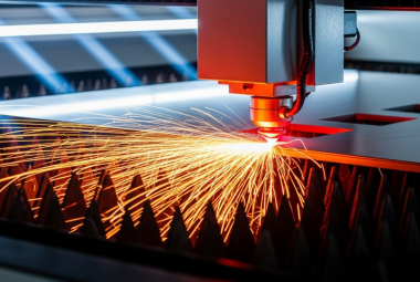 A powerful laser cutter slicing through metal with glowing red beams and sparks, representing precision and industrial capability