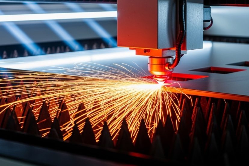 A powerful laser cutter slicing through metal with glowing red beams and sparks, representing precision and industrial capability