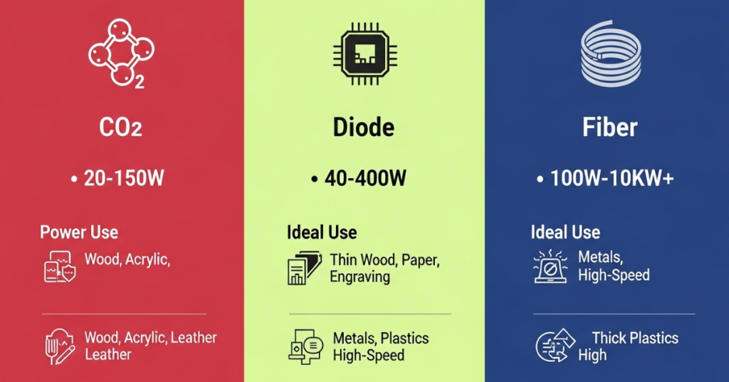 Visual comparison of CO2, diode, and fiber laser cutters with icons and use case summaries