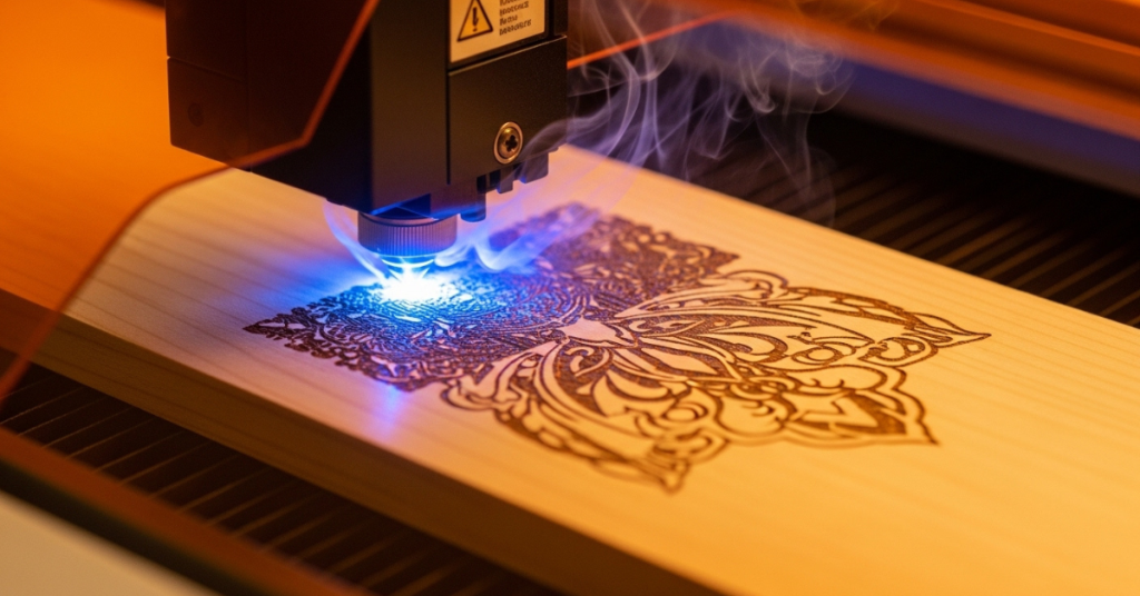 Diode laser cutter engraving a wood panel with intricate design, mid-process
