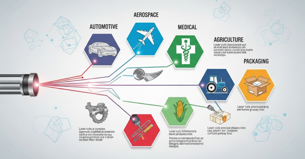 Infographic showing how laser cutters are used in five industries like aerospace and automotive