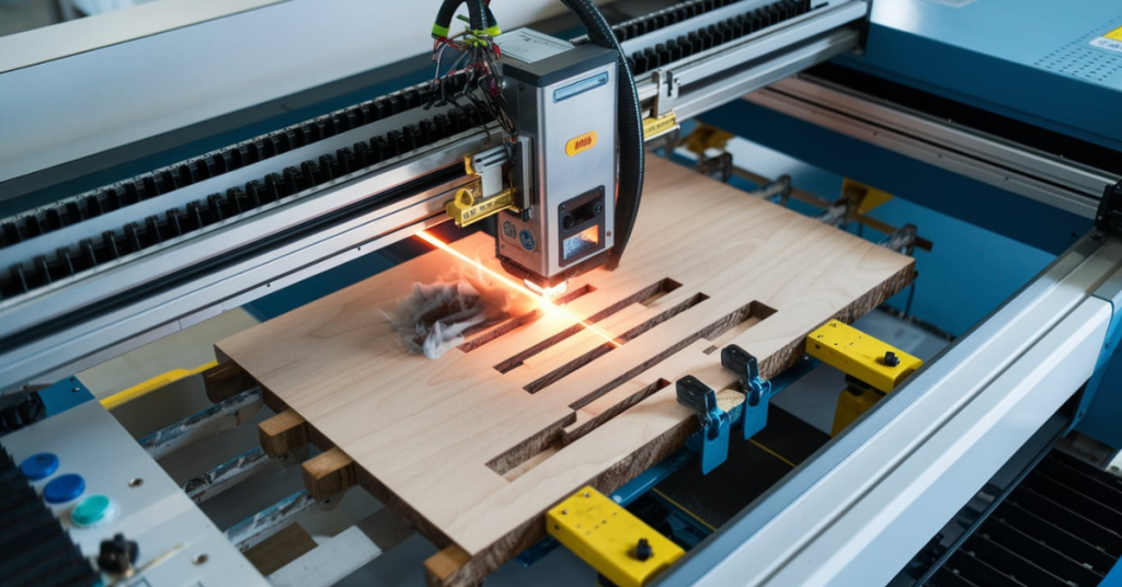 Close-up of a laser cutter engraving precise slots into a wooden board, with visible laser beam and smoke trails highlighting cutting accuracy and power