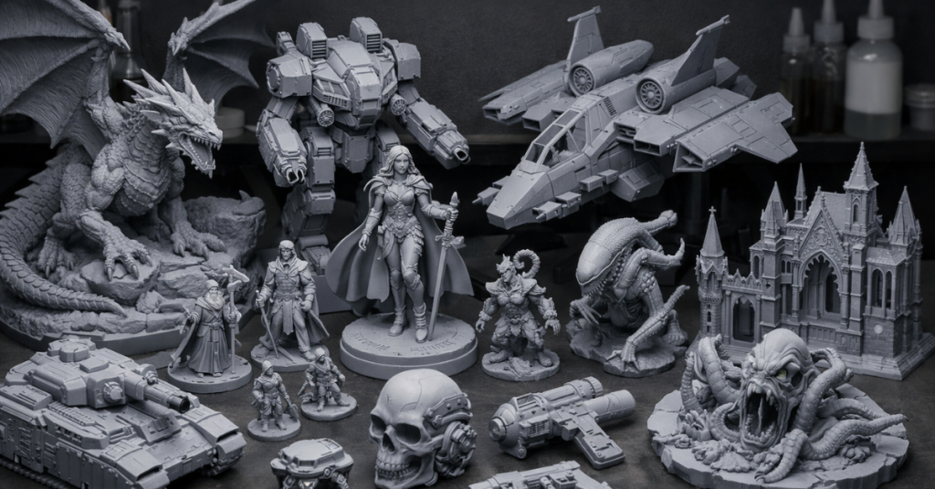 Collection of highly detailed resin 3D printed miniatures including fantasy figures, vehicles, creatures, and sci-fi models after proper UV curing.