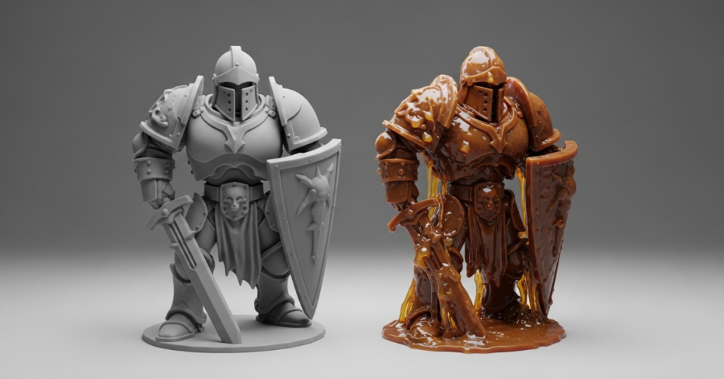Side-by-side comparison of a properly cured gray resin miniature and an uncured resin print covered in sticky liquid resin residue.