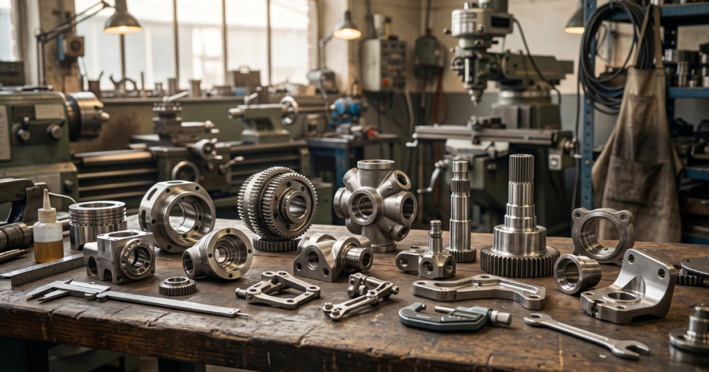 Precision-machined metal components displayed after manufacturing and sintering operations.