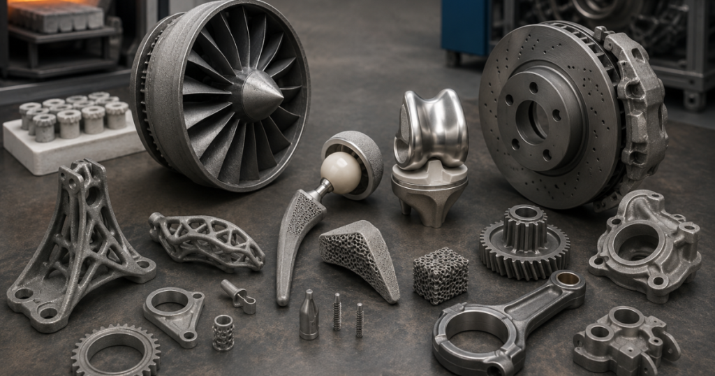 Collection of aerospace, automotive, and medical metal parts produced using sintering technology.