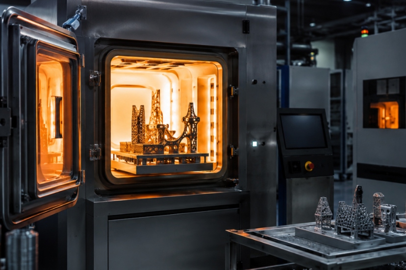 Industrial sintering station with heated chamber processing complex metal additive manufacturing parts.