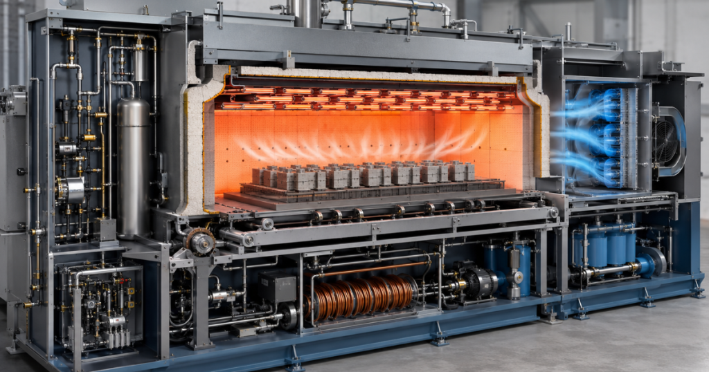 Cutaway view of a sintering station showing heating elements, airflow, and internal process controls.