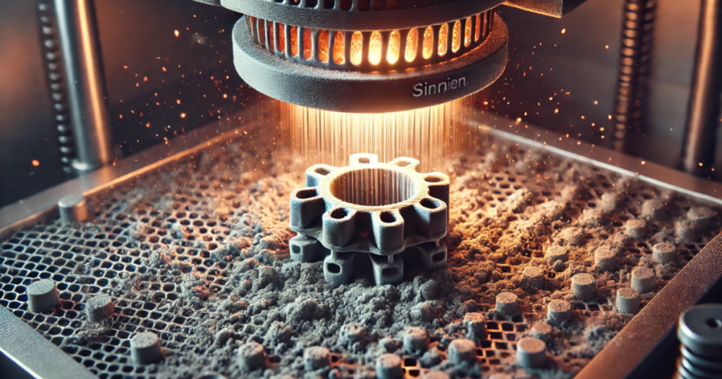 Freshly sintered metal component undergoing post-processing inside an industrial manufacturing system.