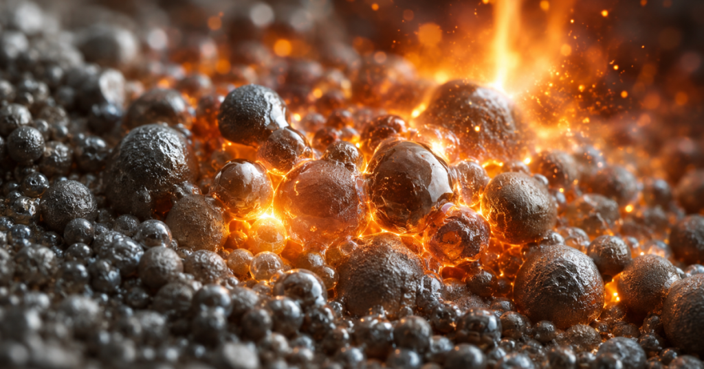 Close-up of metal powder particles fusing together under intense heat during the sintering process.