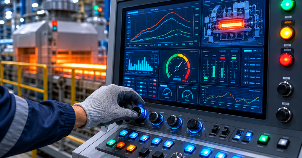 Operator adjusting a sintering station control panel displaying temperature and process monitoring data.