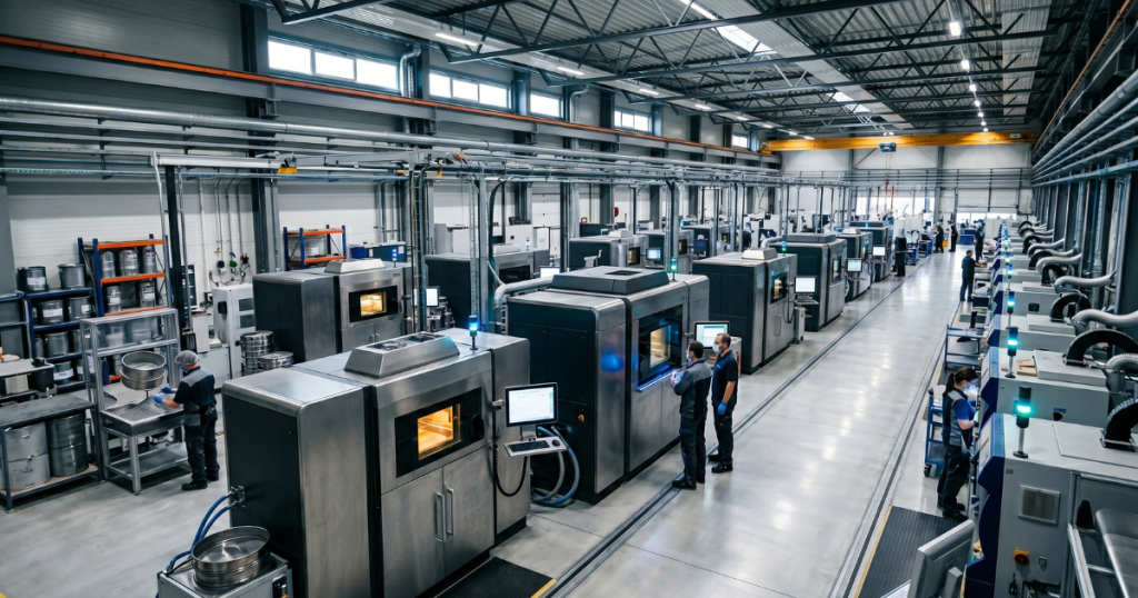 Large-scale additive manufacturing facility equipped with multiple industrial sintering stations in operation.