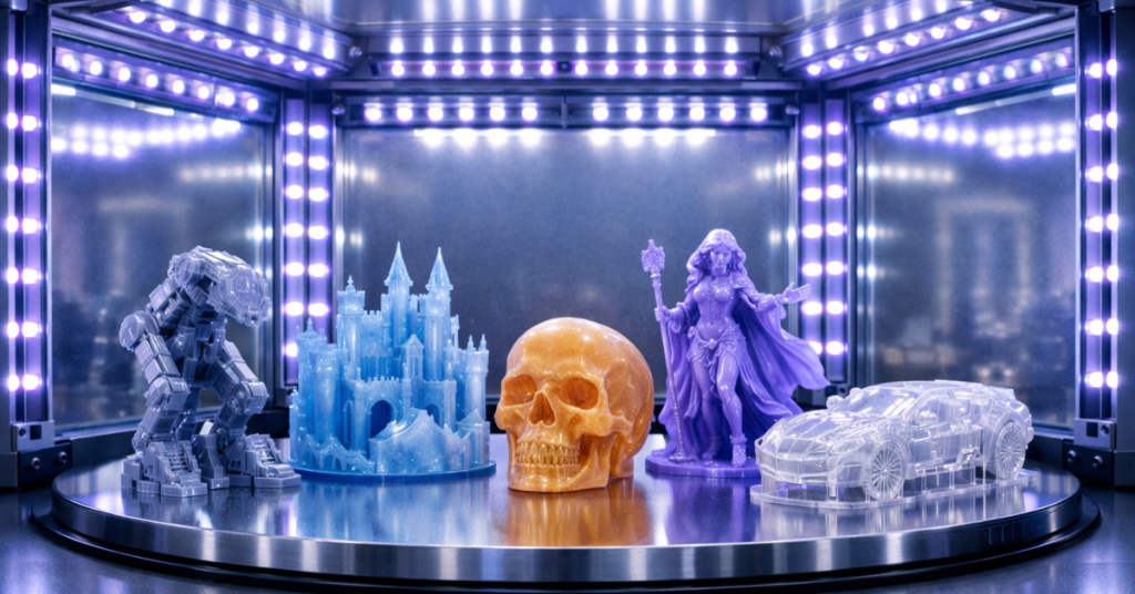 Multiple resin 3D printed models inside a UV curing chamber with surrounding LED light panels for even 360-degree exposure.