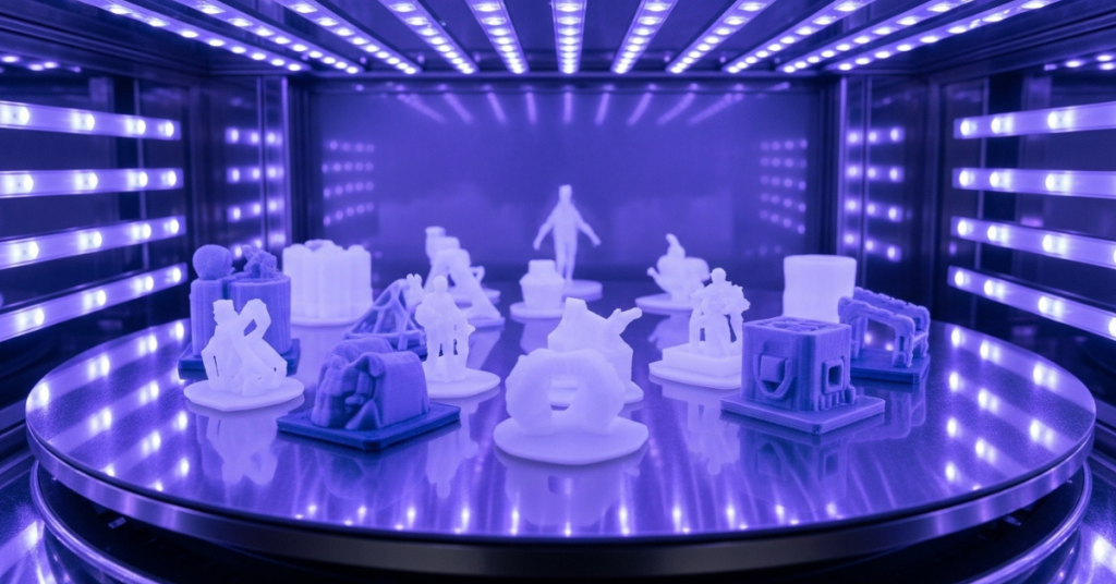 UV resin curing light chamber with rotating turntable and multiple resin miniatures illuminated by purple UV LEDs during post-processing.