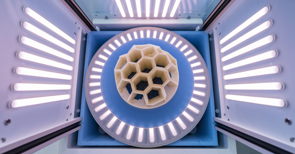 Top-down view of a resin 3D printed model inside a UV curing station with circular LED lighting for even 360-degree exposure.