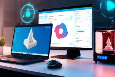 Modern desktop setup showing 3D printing software on a laptop and monitor with a connected 3D printer actively printing a model.