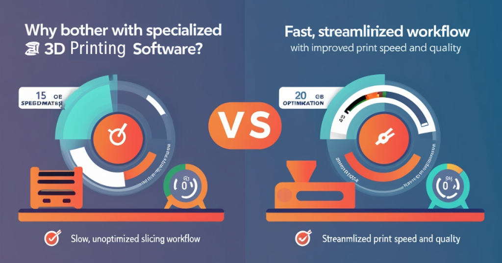 Infographic comparing slow, unoptimized 3D printing workflow with streamlined software-enhanced print speed and quality.