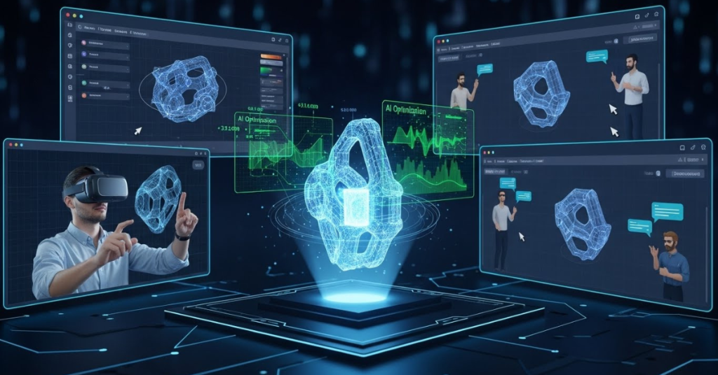 AI-powered 3D modeling and virtual collaboration interface with holographic parts and VR interaction demonstrating advanced 3D printing software tools.