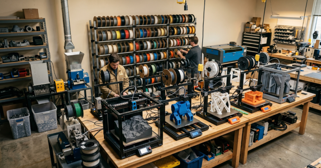 Large-scale 3D printing workshop with multiple printers running simultaneously and extensive filament inventory storage.