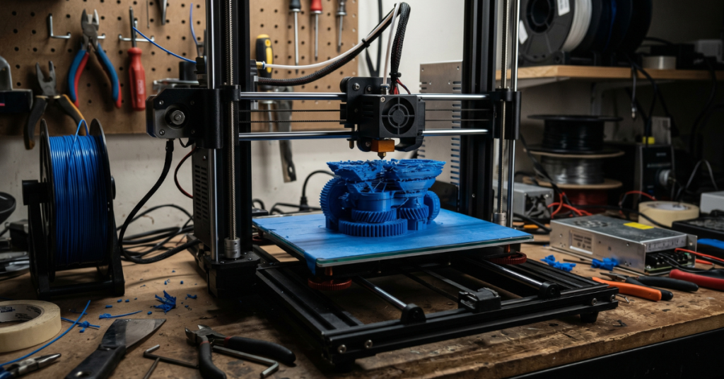 Desktop 3D printer producing a visibly failed mechanical part surrounded by tools and workshop equipment.