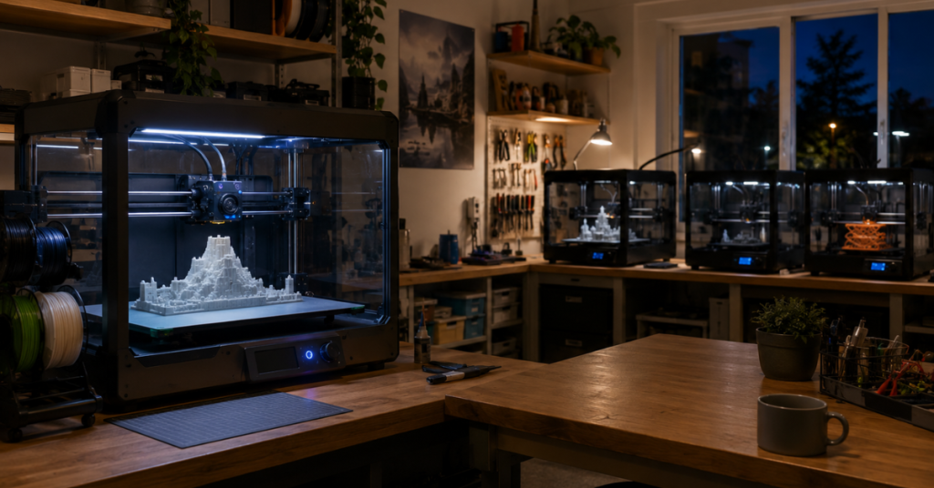 Multiple enclosed 3D printers operating in a workshop environment during long print jobs.