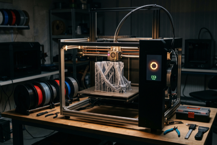 Large 3D printer successfully completing a complex print in a well-equipped workshop with multiple filament spools nearby.