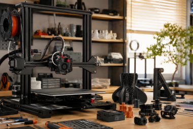 A desktop 3D printer with upgraded extruder components, tools, and finished prints arranged across a workshop table.