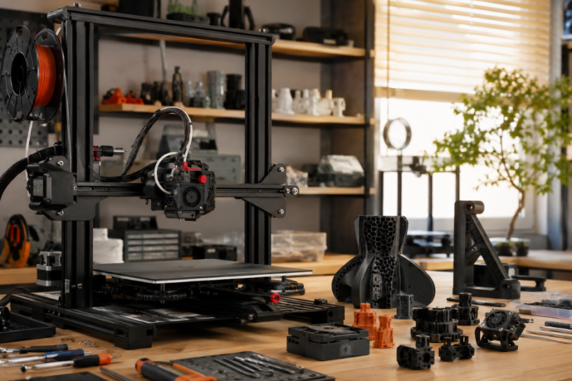 A desktop 3D printer with upgraded extruder components, tools, and finished prints arranged across a workshop table.