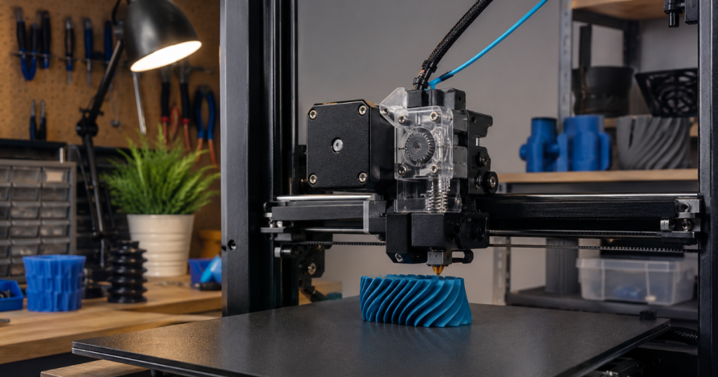 A direct-drive extruder prints a blue curved model with fine repeating details on a desktop 3D printer.