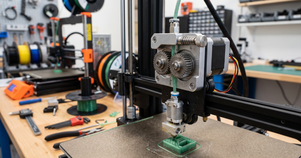 A metal dual-gear extruder feeds green filament while a 3D printer creates a small part.