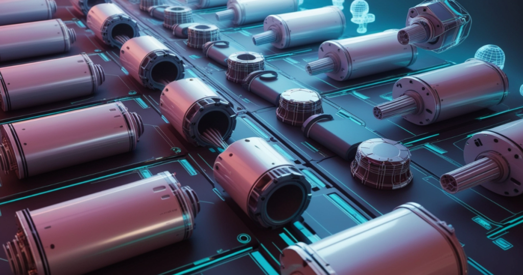 Multiple metallic extruder motors and drive components are arranged across a futuristic digital comparison surface.