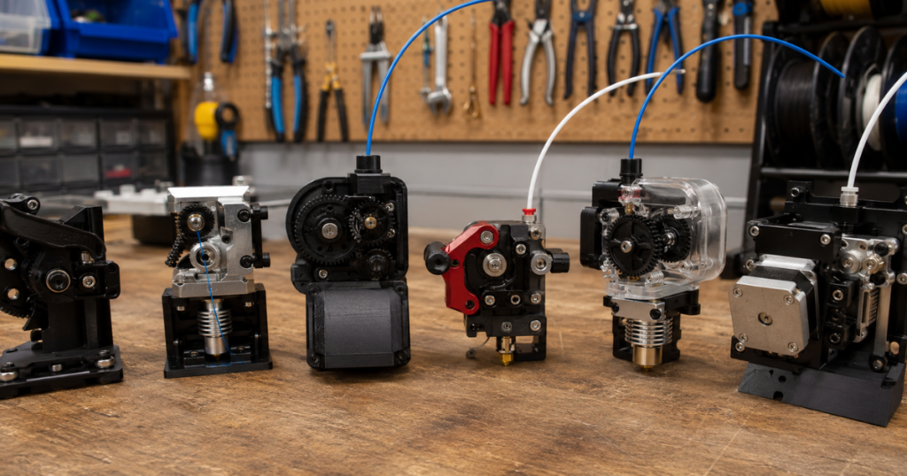 Six different 3D printer extruder assemblies are displayed together on a workshop bench for comparison.