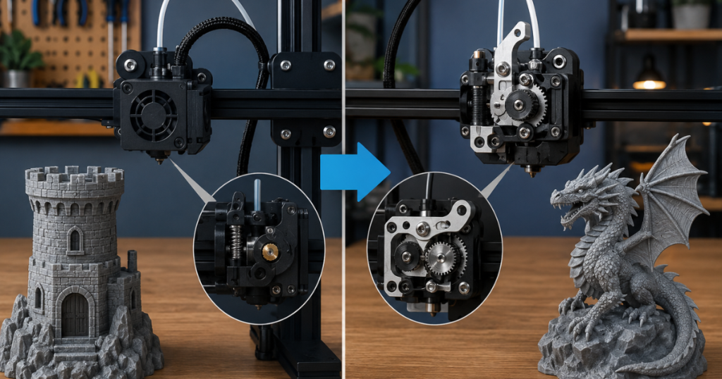 A side-by-side comparison shows a standard extruder printing a castle and an upgraded geared extruder producing a detailed dragon.