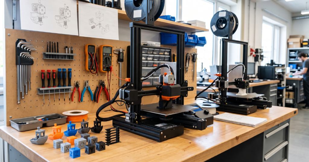 Two desktop 3D printers with extruder upgrades sit among tools, filament spools, and colorful test prints in a workshop.