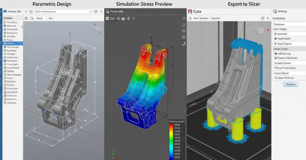 Fusion 360 CAD model showing parametric design, stress simulation preview, and export to Cura slicer for 3D printing workflow optimization.