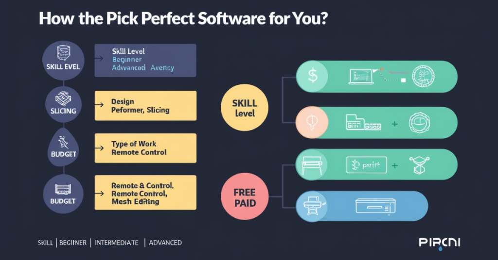 Decision chart showing how to pick the perfect 3D printing software based on skill level, slicing needs, work type, and budget.
