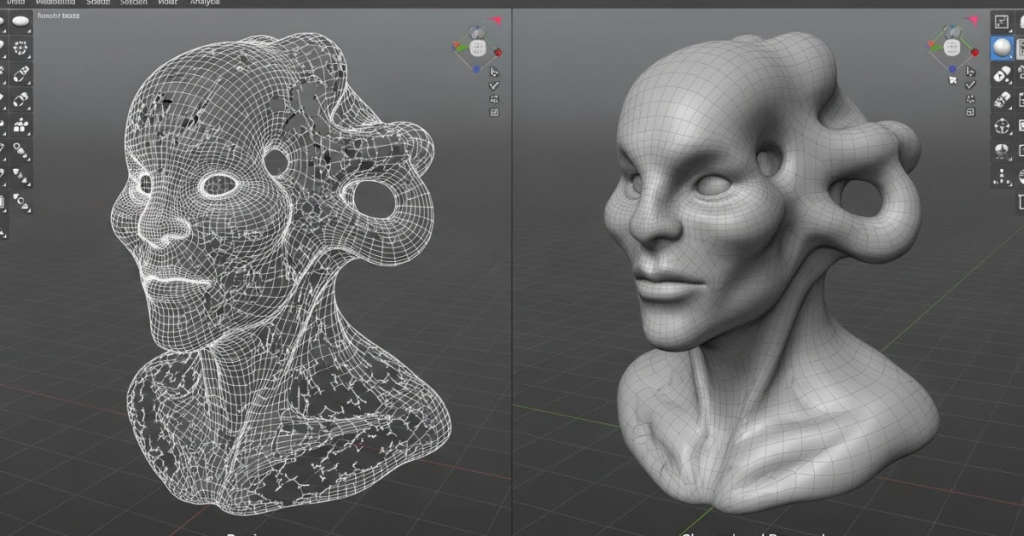 Meshmixer before-and-after comparison showing a damaged 3D mesh repaired and cleaned for better printability.