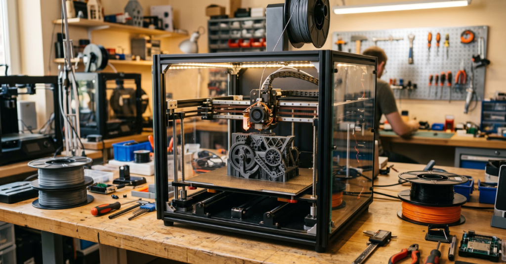 3D printer recovery interface showing power-loss monitoring and print resume settings beside an active print.