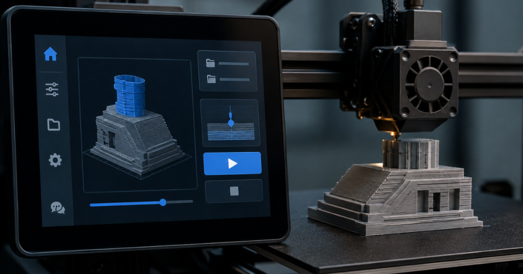 3D printer touchscreen displaying print monitoring controls while a detailed model is being printed.