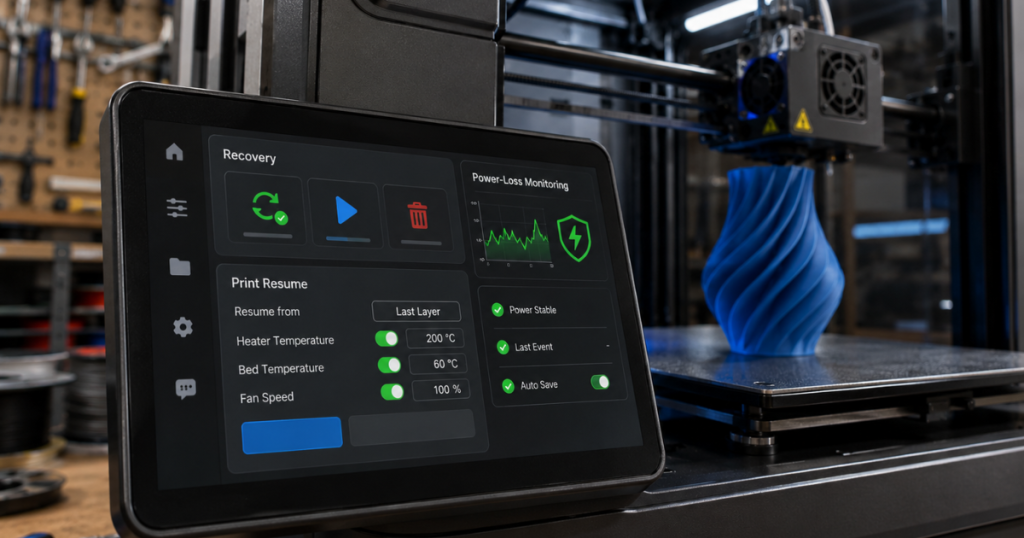 User interacting with a 3D printer while a recovery application displays options for resuming a paused print.