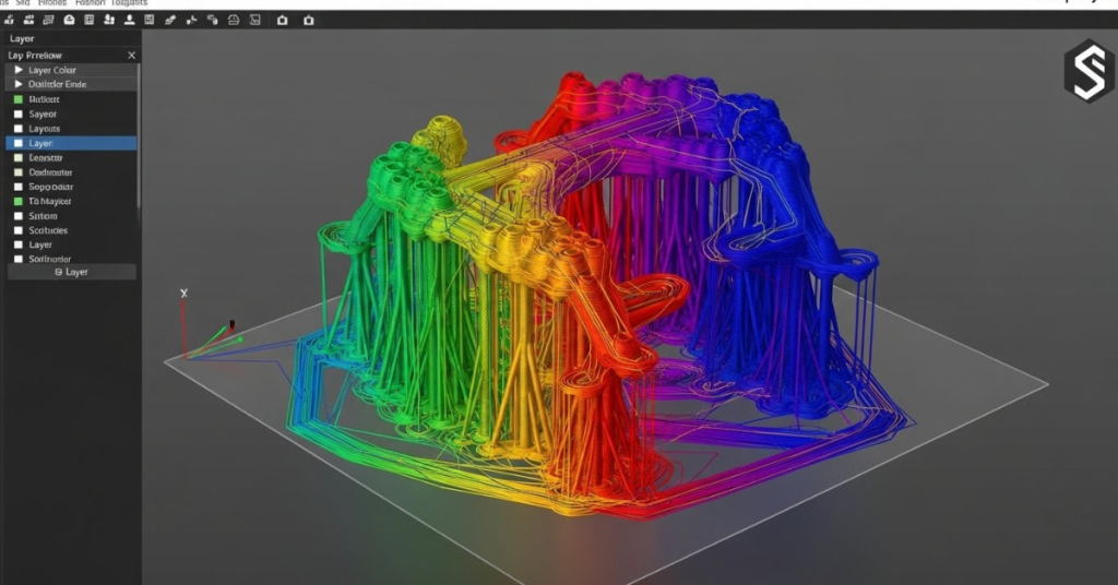 Simplify3D layer preview showing multicolor toolpaths and support structures for optimized 3D printing.