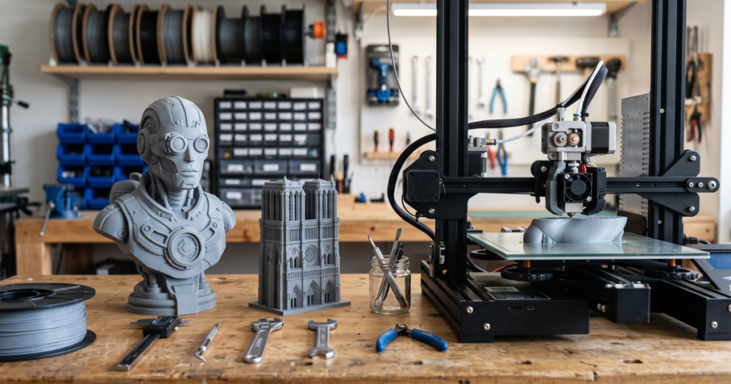 An upgraded 3D printer extruder operates beside detailed robot and architectural models in a well-equipped workshop.