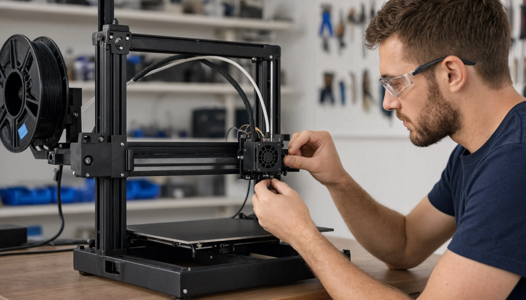 A technician carefully adjusts the filament sensor and extruder area on a workshop 3D printer.