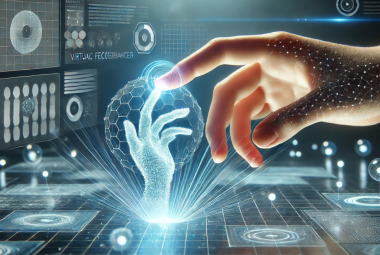 Digital hand using a haptic controller to interact with a holographic 3D model, symbolizing precision and tactile feedback in design