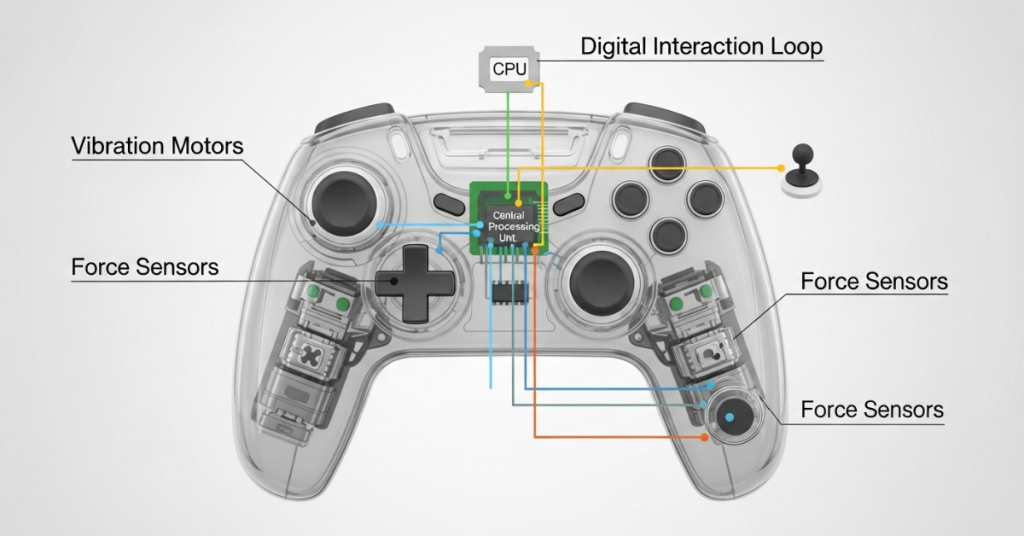 Diagram showing the internal mechanics of a haptic feedback controller with sensors and motors