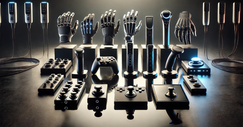 Display of 10 haptic feedback controllers including gloves, styluses, and motion devices