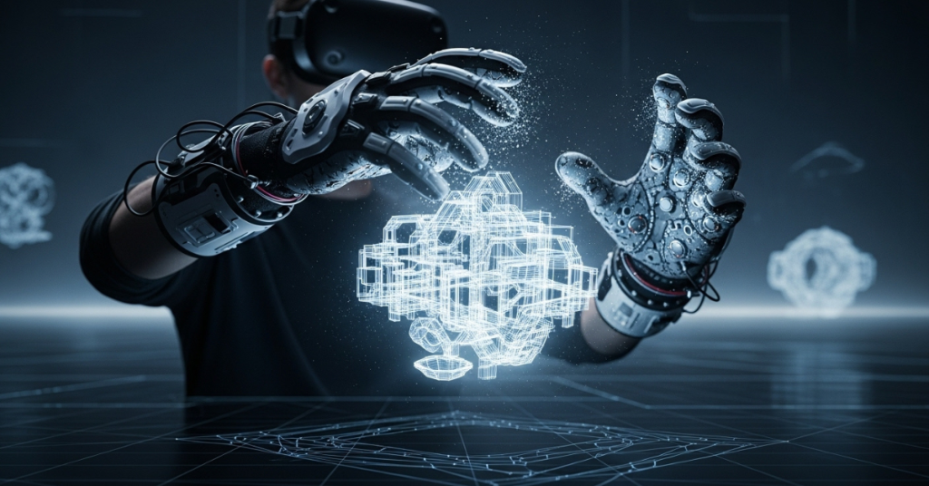 Person wearing haptic gloves sculpting a glowing 3D model in virtual reality